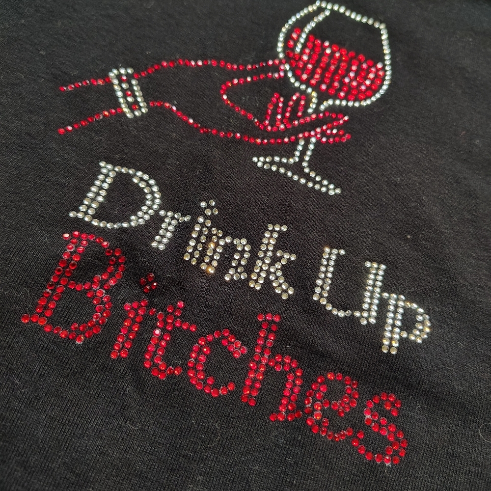 Y2k T-Shirt Rhinestone Bling Black Women's Tee Drink Up Bitches Red Wine Glass - Picture 2 of 8